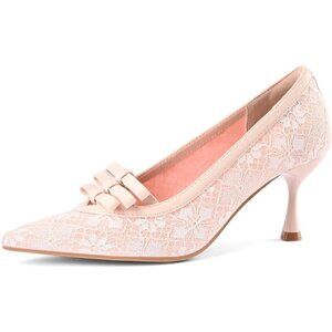 Sicare Kitten Heels Synthetic Pink Pumps Closed Pointed Toe Mesh Lace Heels